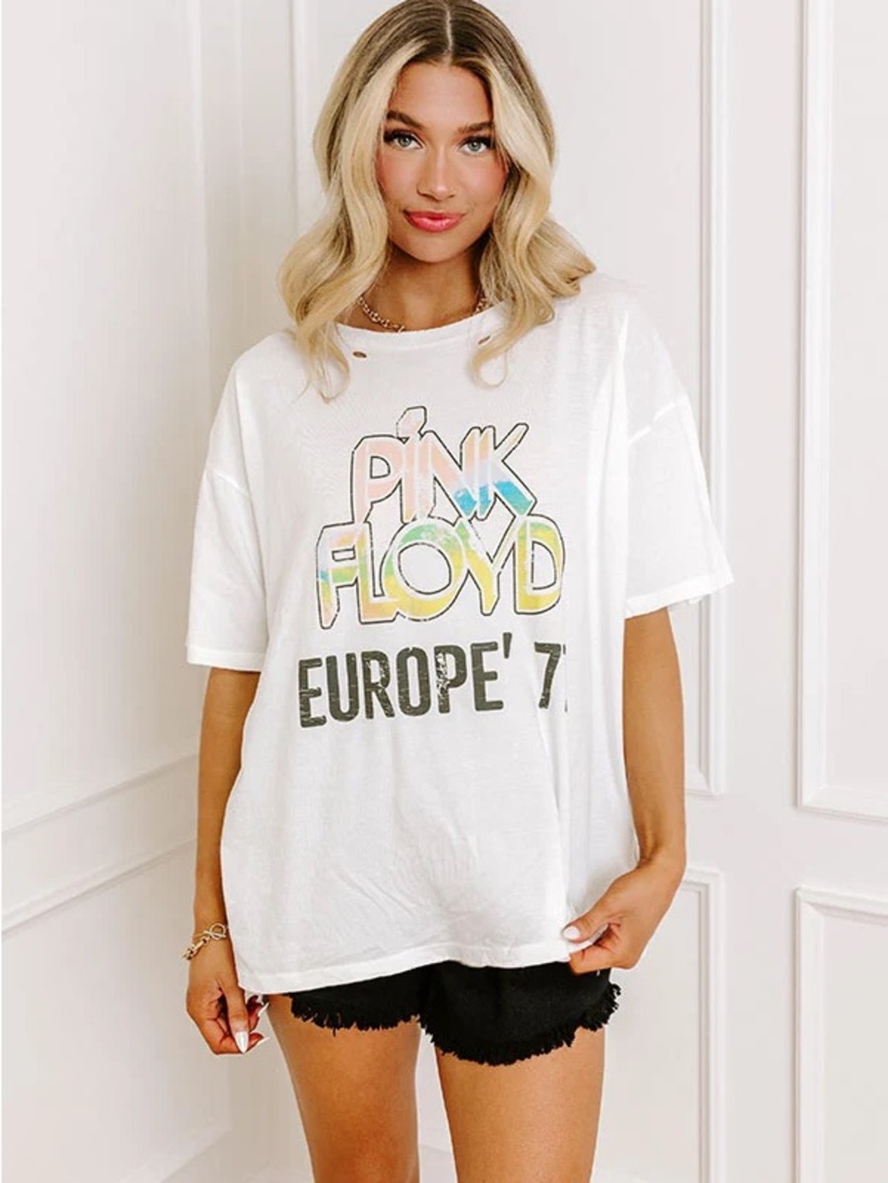 White  Pink Floyd Europe 77 distressed pastel graphic tee short sleeve